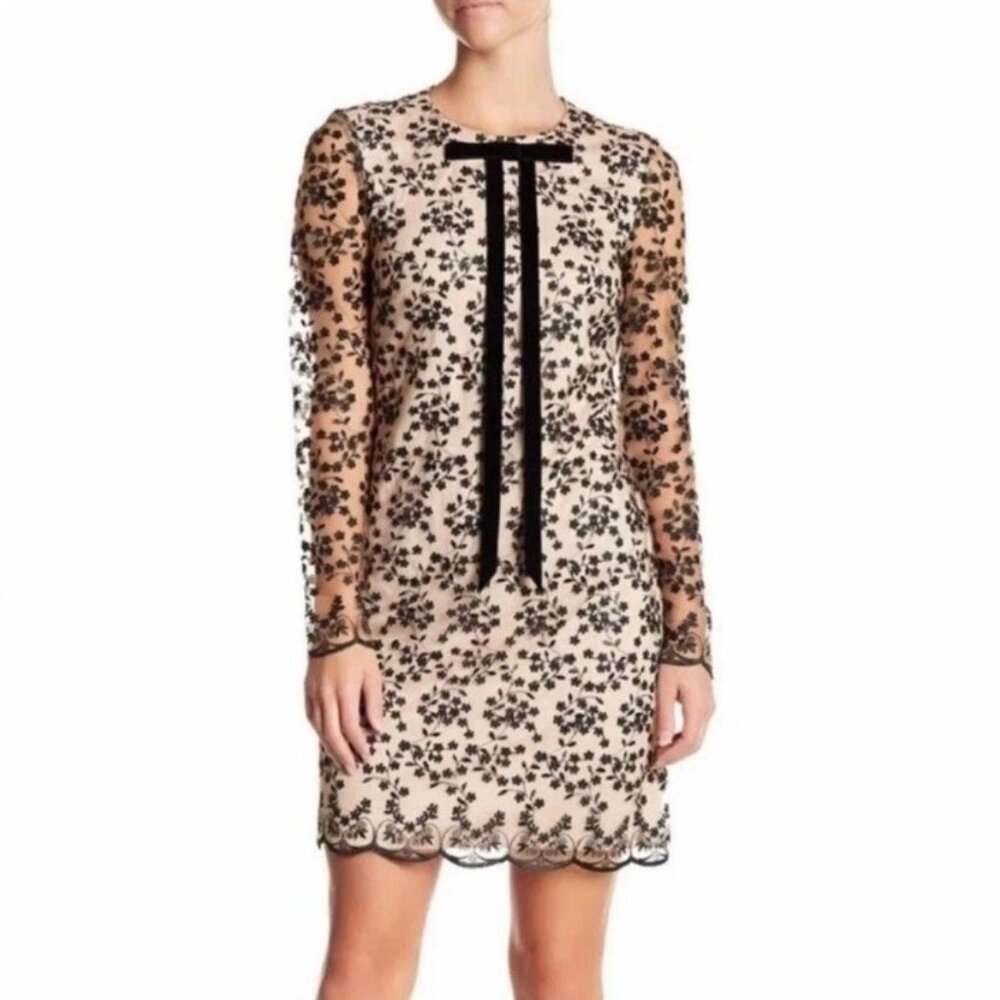 Betsey Johnson Black & Cream Lace Velvet Bow Accent Mini Dress Size 2